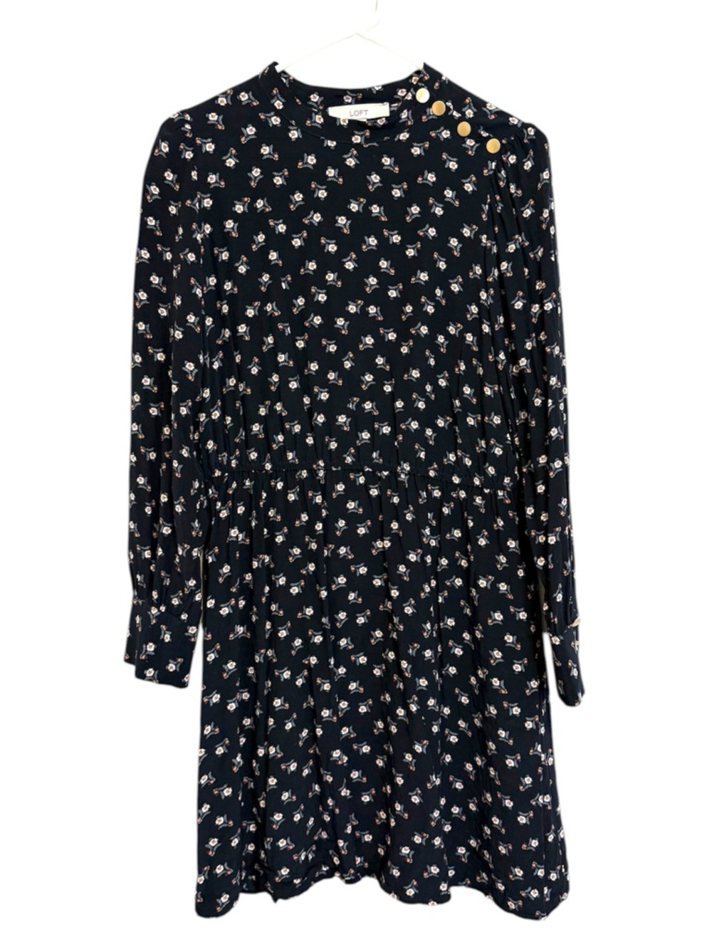 LOFT Black Floral Button Shoulder Dress Size L Long Sleeve Mini Dress
